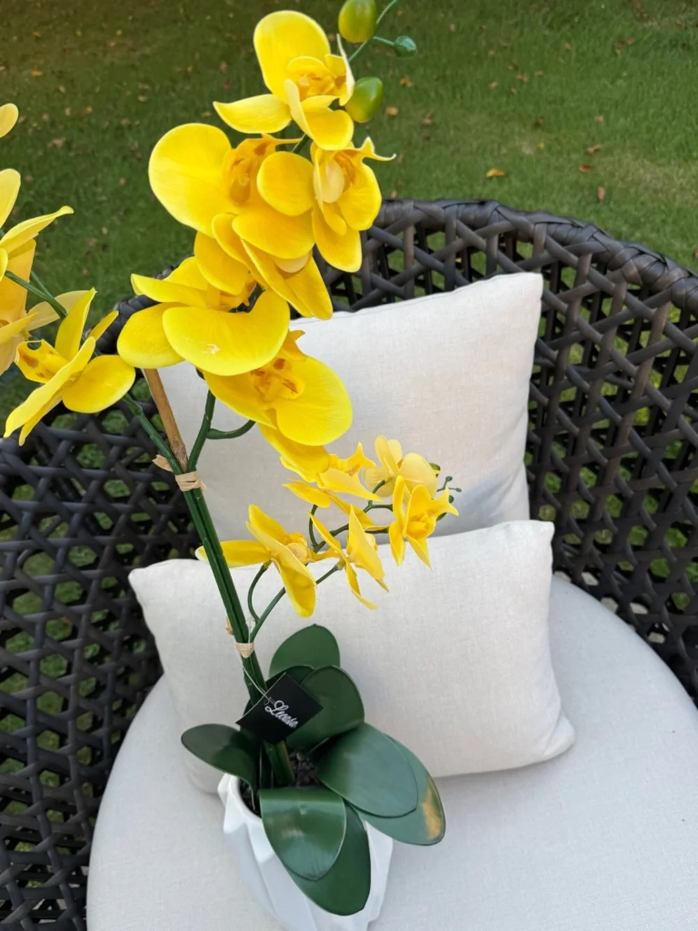 Yellow Faux Orchid in White Ceramic Vase - Home Accents